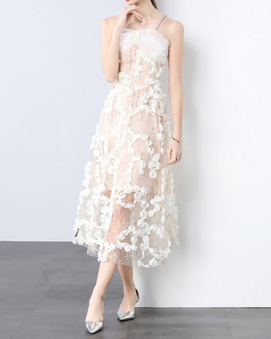 strappy tulle midi dress with 3D floral appliqué - VERZA