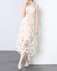 strappy tulle midi dress with 3D floral appliqué - VERZA