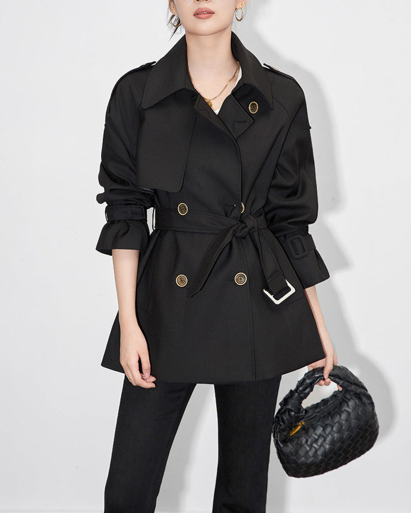 double-breasted short trench jacket with tie belt - ARYAB