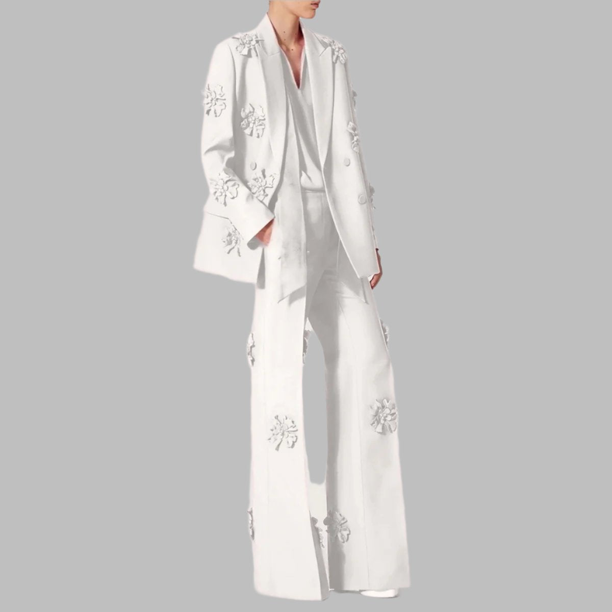 floral applique double-breasted blazer and flared pants set - GHOOTER