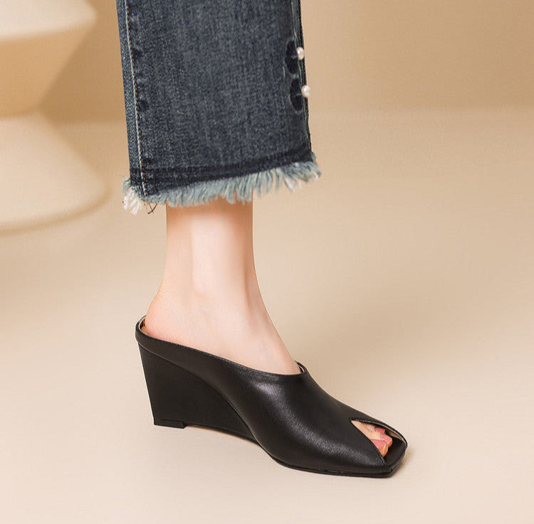 black leather wedge mules with open toe cutout – LUNARA