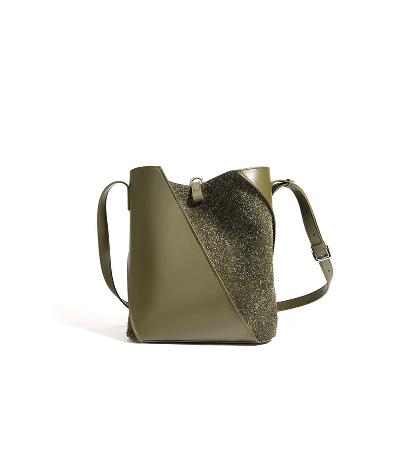 asymmetrical bucket bag with felt panel – SAGE