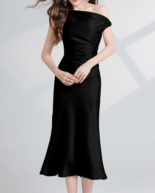 asymmetric satin midi dress with draped shoulder - AURWA
