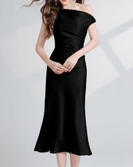 asymmetric satin midi dress with draped shoulder - AURWA