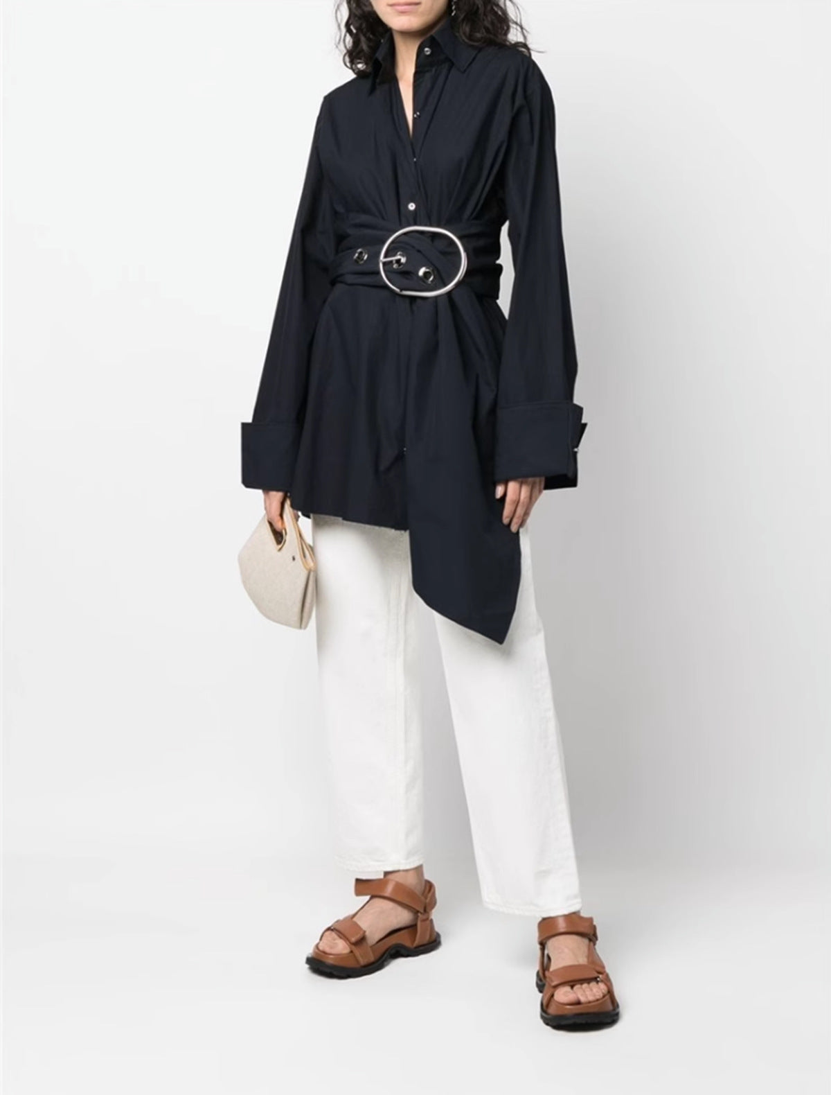 Long sleeve button-up shirt with asymmetrical belt - Anruly