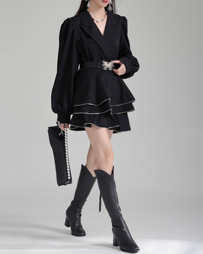 Shirt suit with multi-layered short skirt -