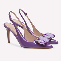 nude patent slingback heels with oversized crystal bow – BELA