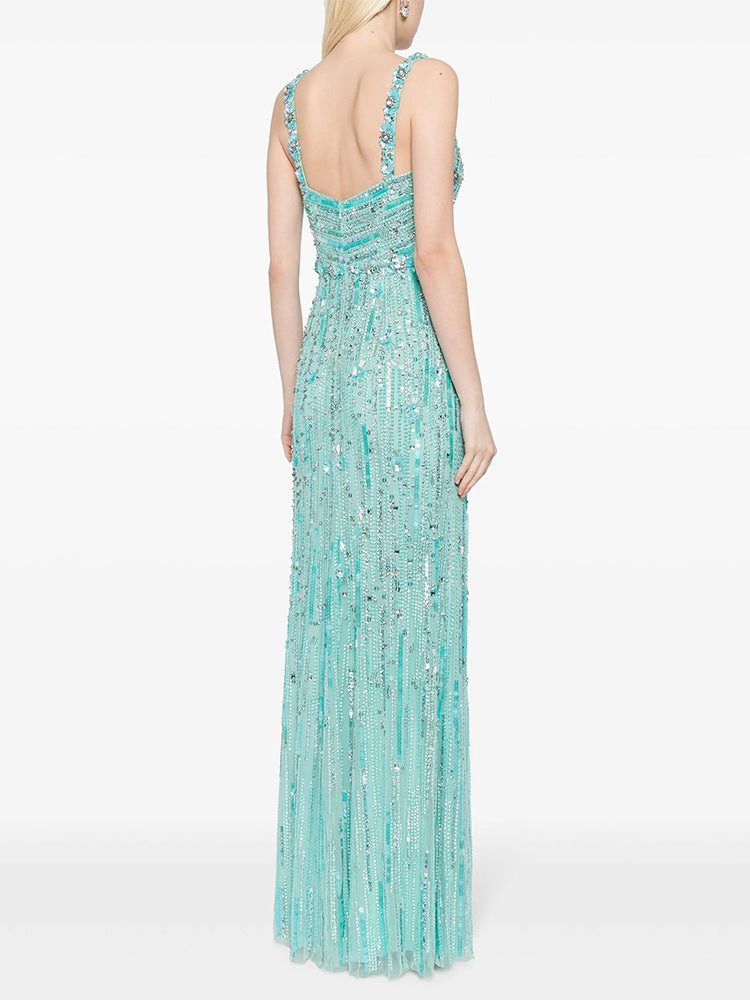 sleeveless sequin column dress with crystal waist – AQUA