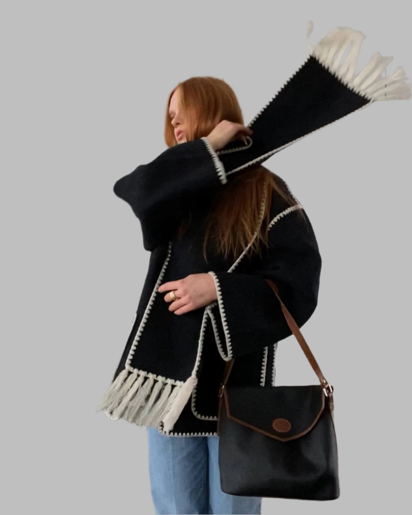 fringed cape jacket with contrast trim – Teghan