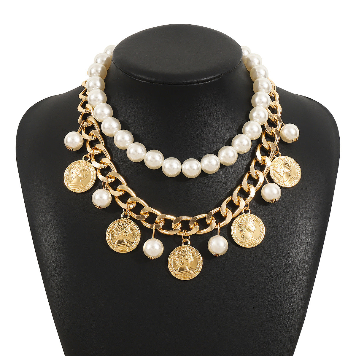 layered pearl chain necklace with coin charms - ROMAS
