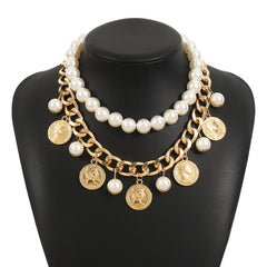 layered pearl chain necklace with coin charms - ROMAS