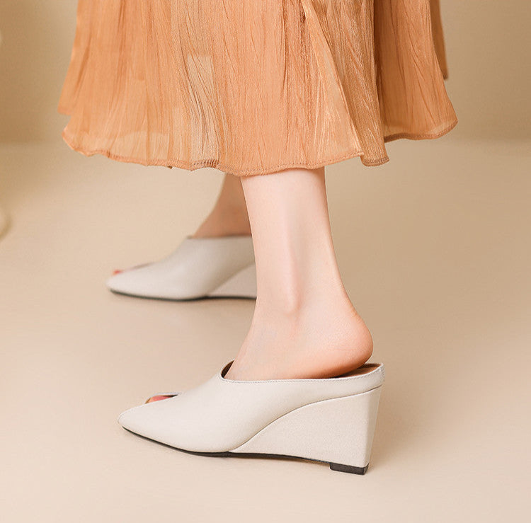 black leather wedge mules with open toe cutout – LUNARA