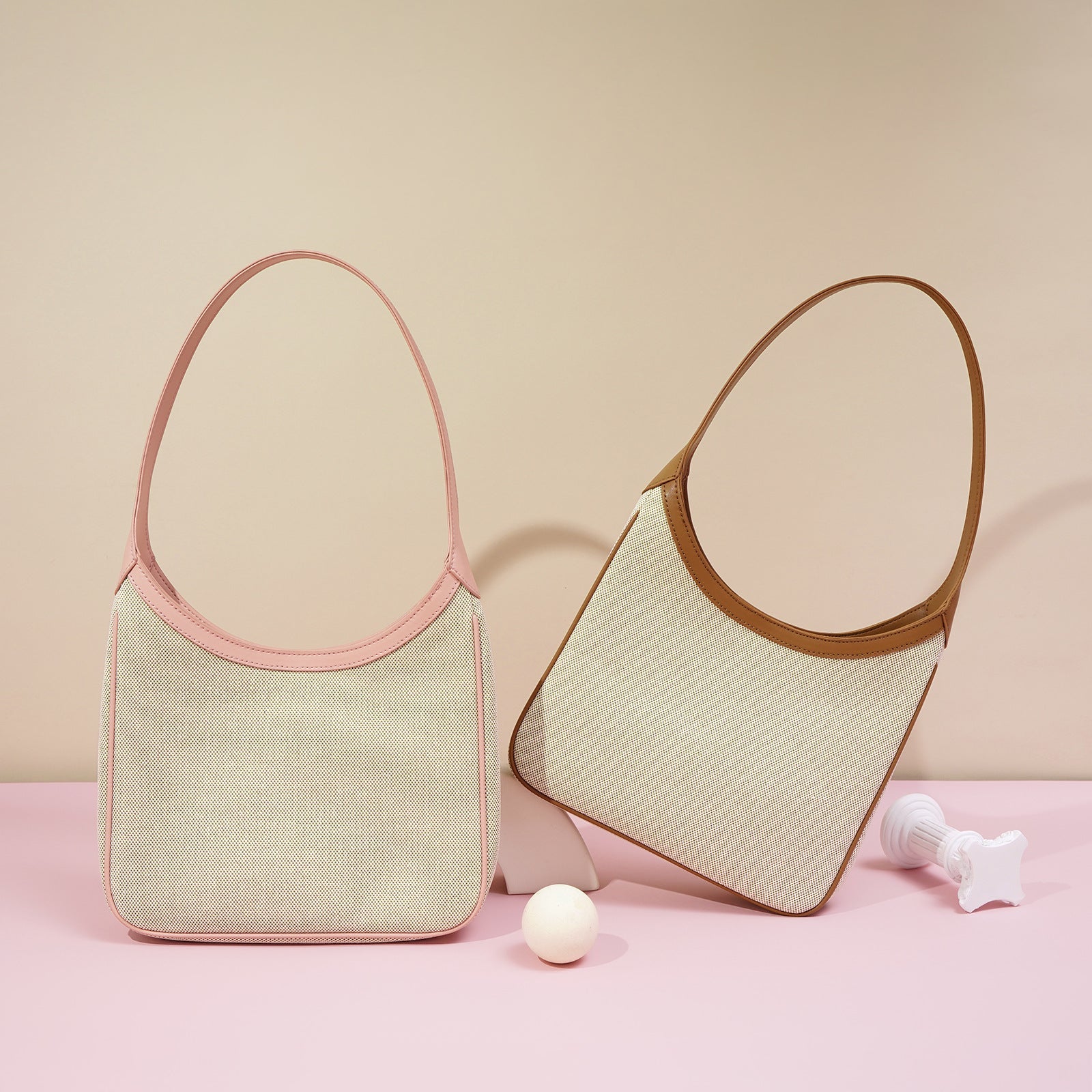 structured canvas shoulder bag with leather trim - NOELZE