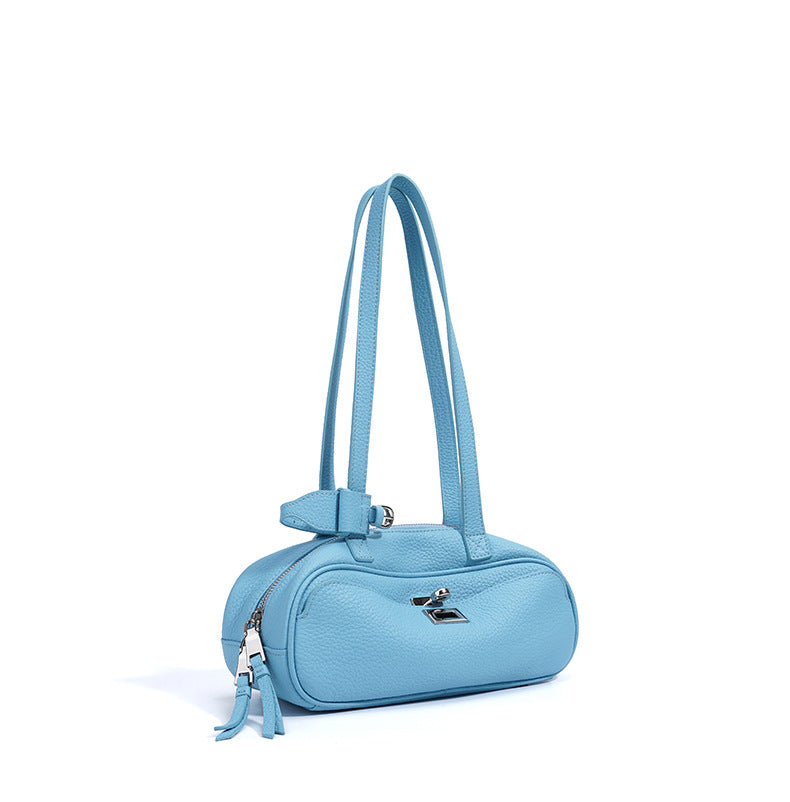 mini shoulder bag in sky blue pebbled leather – AZURA