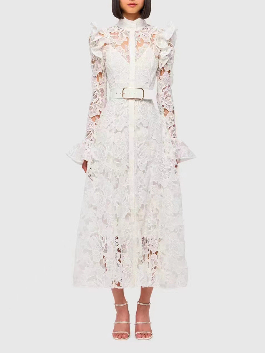 long-sleeve lace midi dress with belt – Tesoro