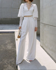 High-waisted wide-leg pants in soft white crepe – Lerlu