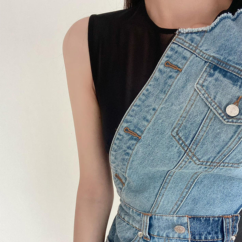 sleeveless mesh mini dress with denim patchwork – Tamela