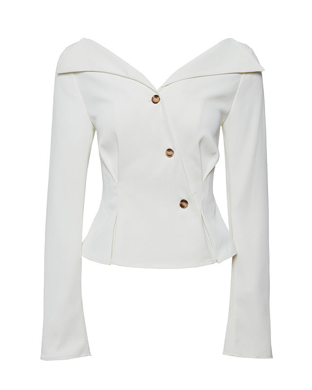 Off-shoulder tailored shirt with asymmetric buttons - Culvi