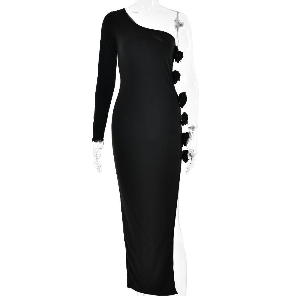 one-shoulder gown with floral side appliqué – Fahapol