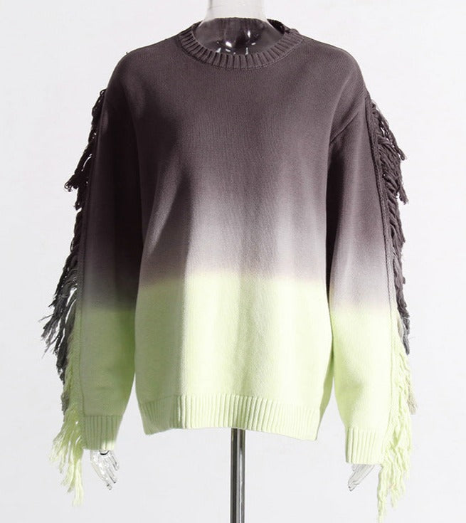 ombré fringe-trim sweater with textured shoulders - Famidah