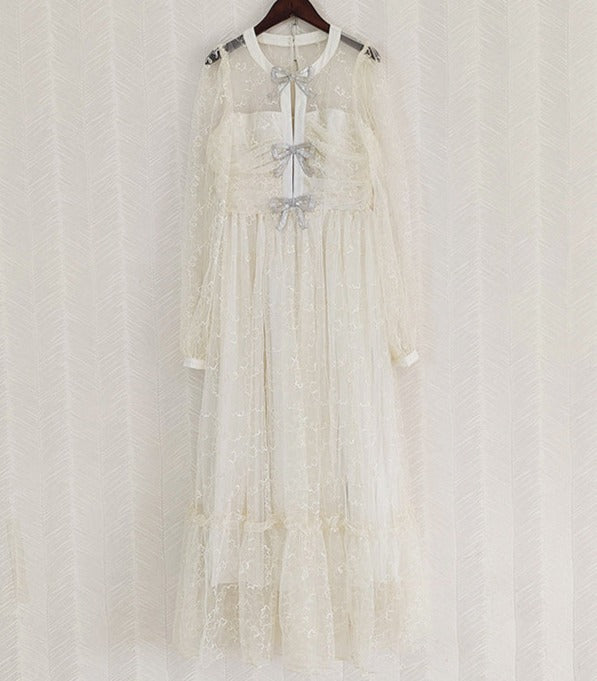 sheer embroidered midi dress with ribbon bows – Elueua