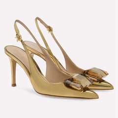 nude patent slingback heels with oversized crystal bow – BELA