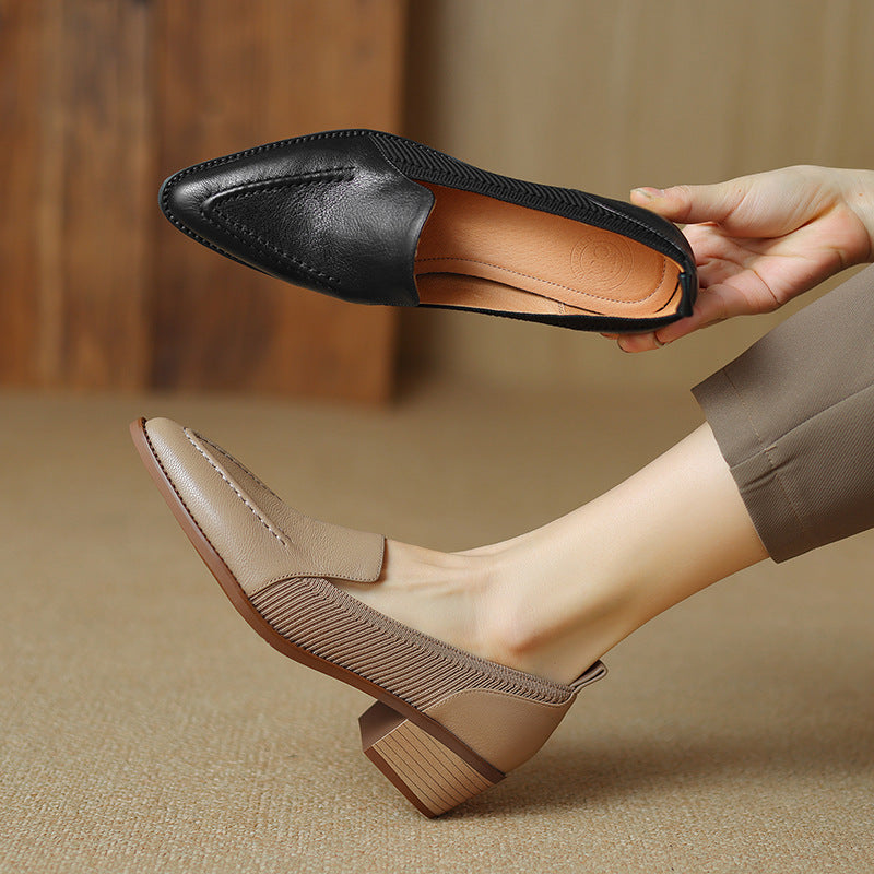 taupe leather block heel loafers with knit side panels – LENORA