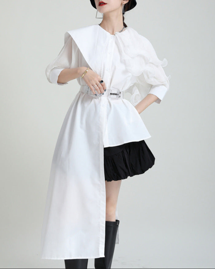Ruffled asymmetrical shirt dress with belt - Atylu