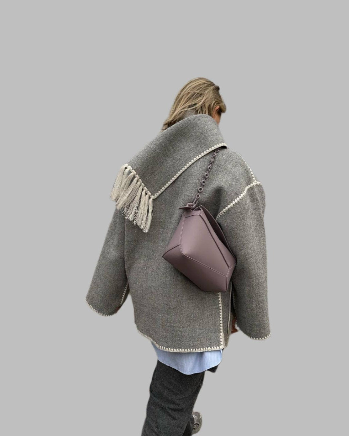 fringed cape jacket with contrast trim – Teghan