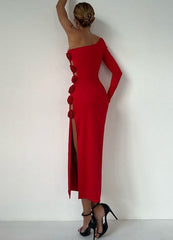 one-shoulder gown with floral side appliqué – Fahapol