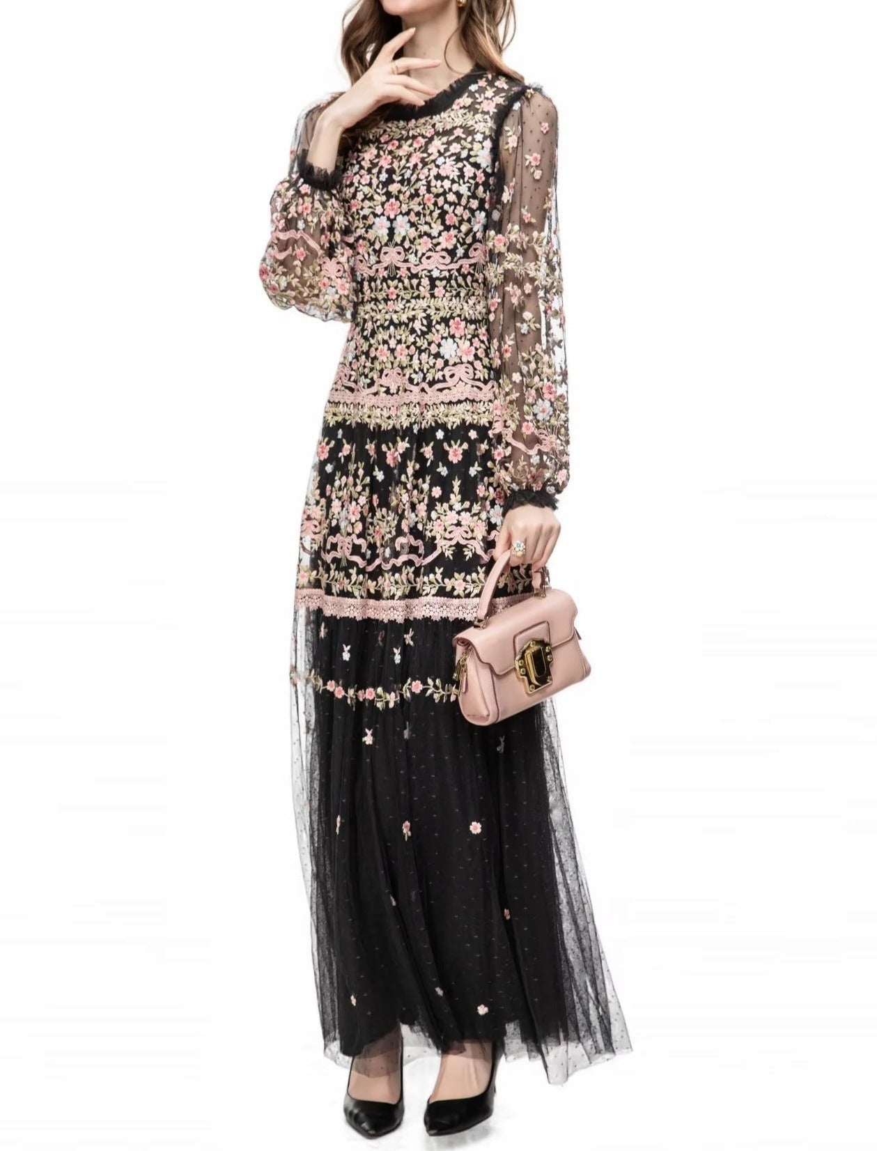 sheer embroidered tulle gown with floral motifs – Fikwesd