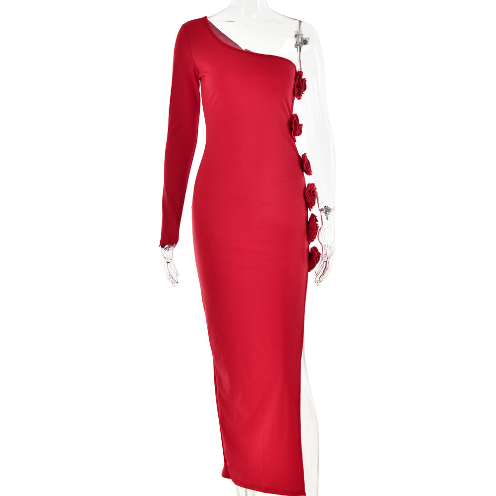 one-shoulder gown with floral side appliqué – Fahapol