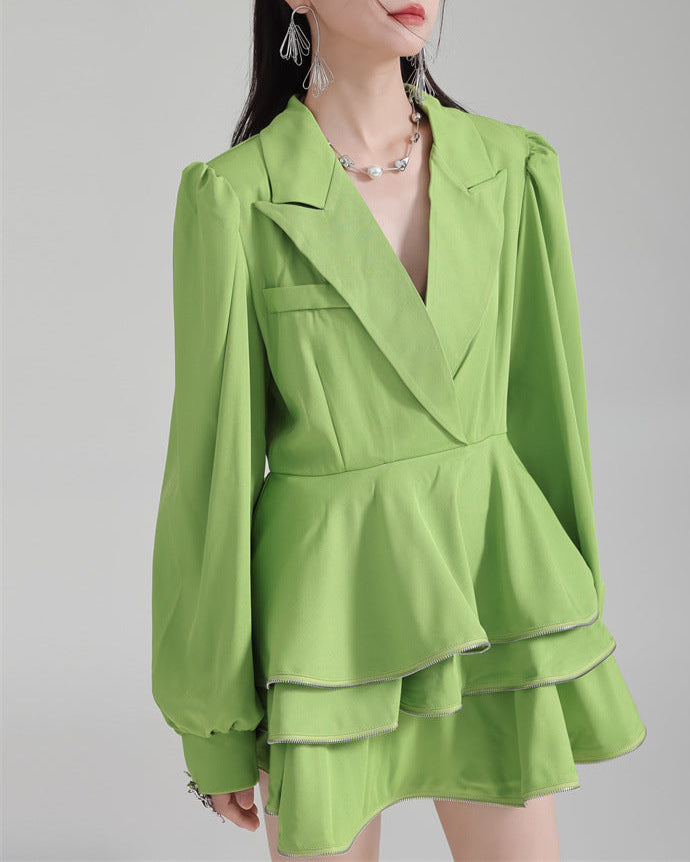 Shirt suit with multi-layered short skirt -