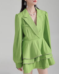 Shirt suit with multi-layered short skirt -