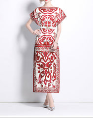 short-sleeve printed kaftan dress with belted waist – NOQRA