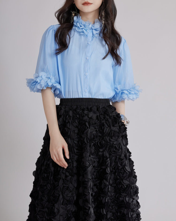 puff sleeve shirt with 3D floral trims - BLOSIOM