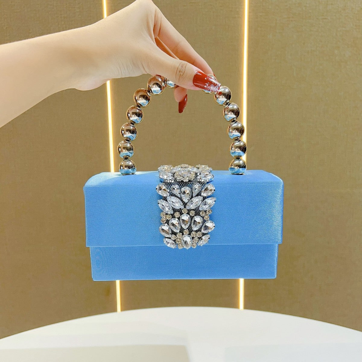 Rhinestone embellished box clutch with spherical handle - Entidu