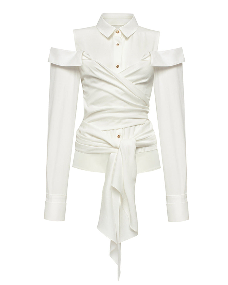 Off-Shoulder Buttoned Shirt with Waist Tie - Burti
