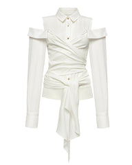 Off-Shoulder Buttoned Shirt with Waist Tie - Burti