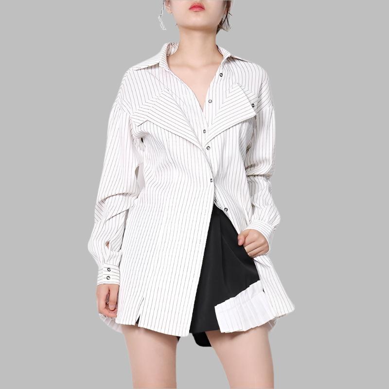 striped longline blouse with layered lapel detail - Terese