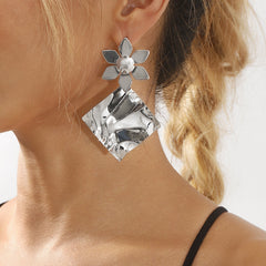 flower stud earrings with hammered square drop - SOLEAG
