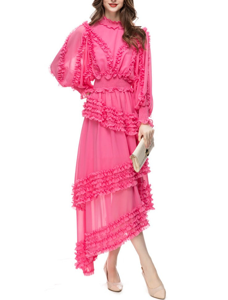 ruffled asymmetrical chiffon dress in emerald – Tharisha