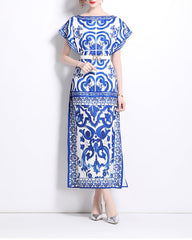 short-sleeve printed kaftan dress with belted waist – NOQRA