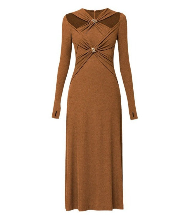 cut-out long-sleeve maxi dress with gold accents – Edythe