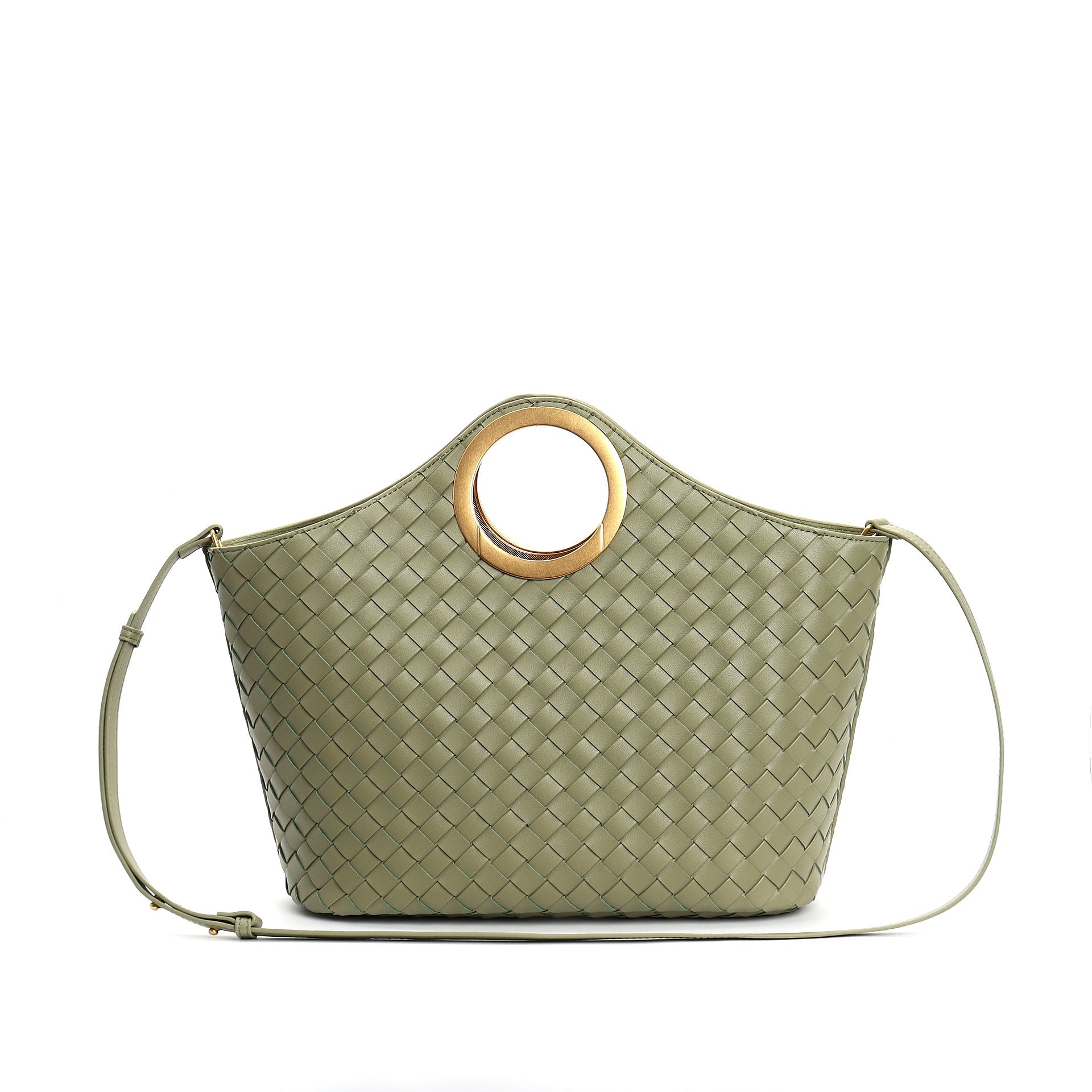 woven leather tote with circular metal handle - ARYAX