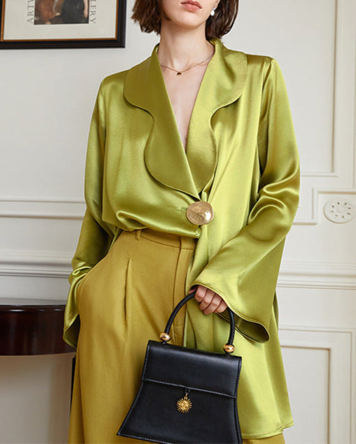 Long-sleeve satin wrap blouse with circular button - Mikli