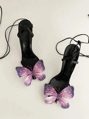 suede stiletto sandals with 3D blue butterfly appliqué – VIVARA