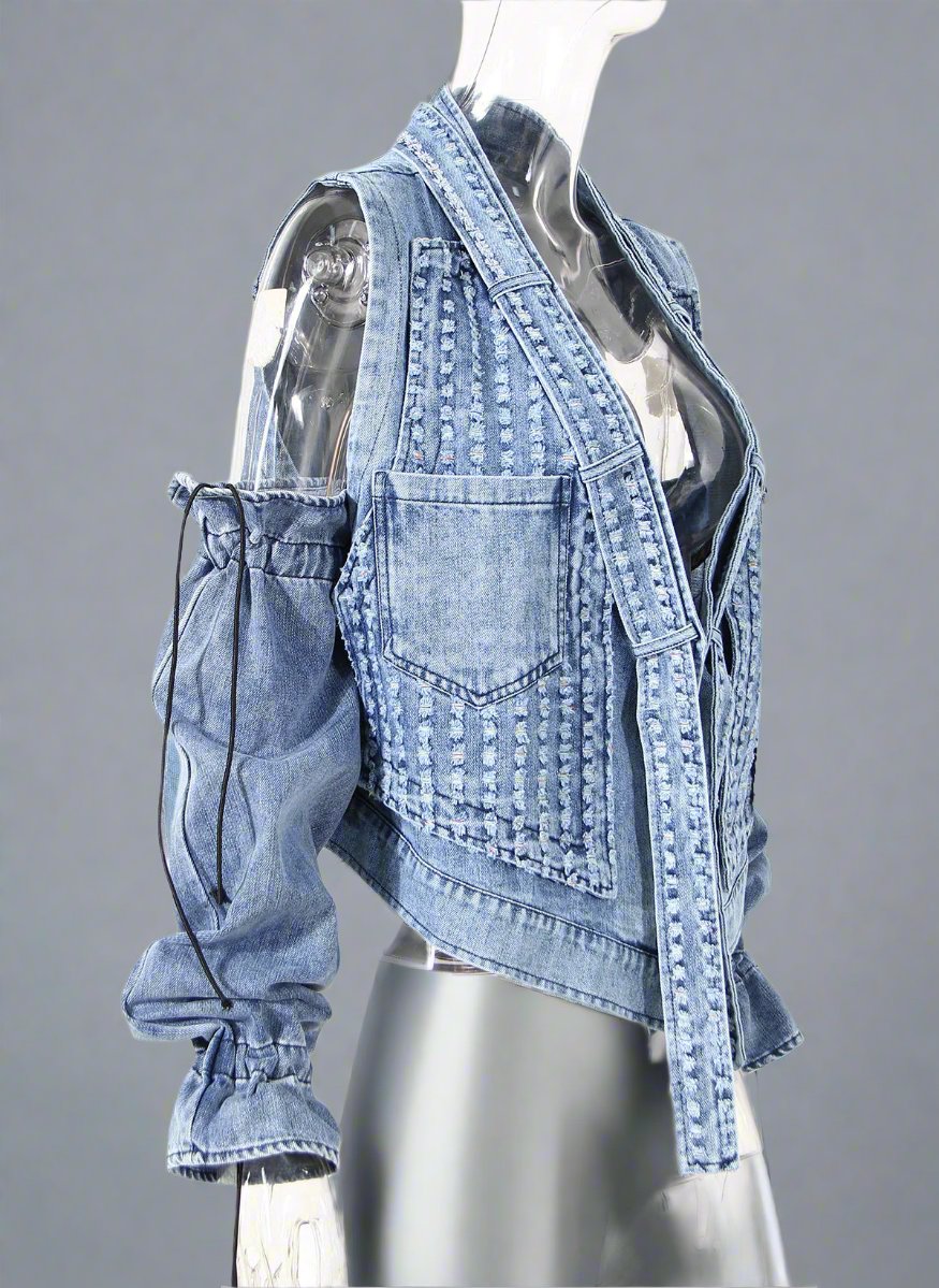 cold-shoulder embellished denim jacket with gathered sleeves – Klaew Kla