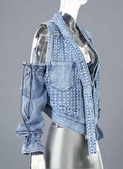 cold-shoulder embellished denim jacket with gathered sleeves – Klaew Kla