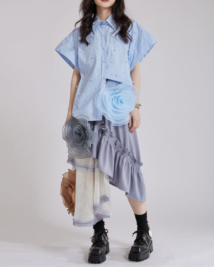 Button-up shirt with ruffled sleeves and embellished neckline - Sirti